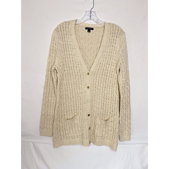 Land's End Women's M Cable Knit Long Cardigan Sweater Beige Oatmeal Button Front - Picture 11 of 11